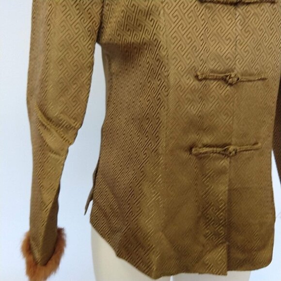 Vintage Asian Bronze Jacket Size S M Art To Wear Frog Clasp Fur Collar Kenki - Picture 5 of 10